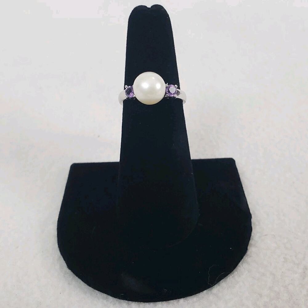 925 Silver Freshwater Pearl and Purple Amethyst Ring Size 6